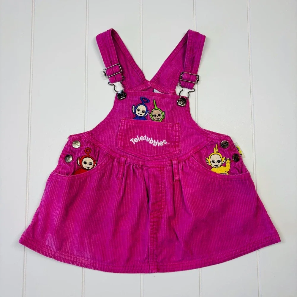Vintage Teletubbies Embroidered Hot Pink Corduroy Overall Dress, Size 3T - Picture 2 of 15